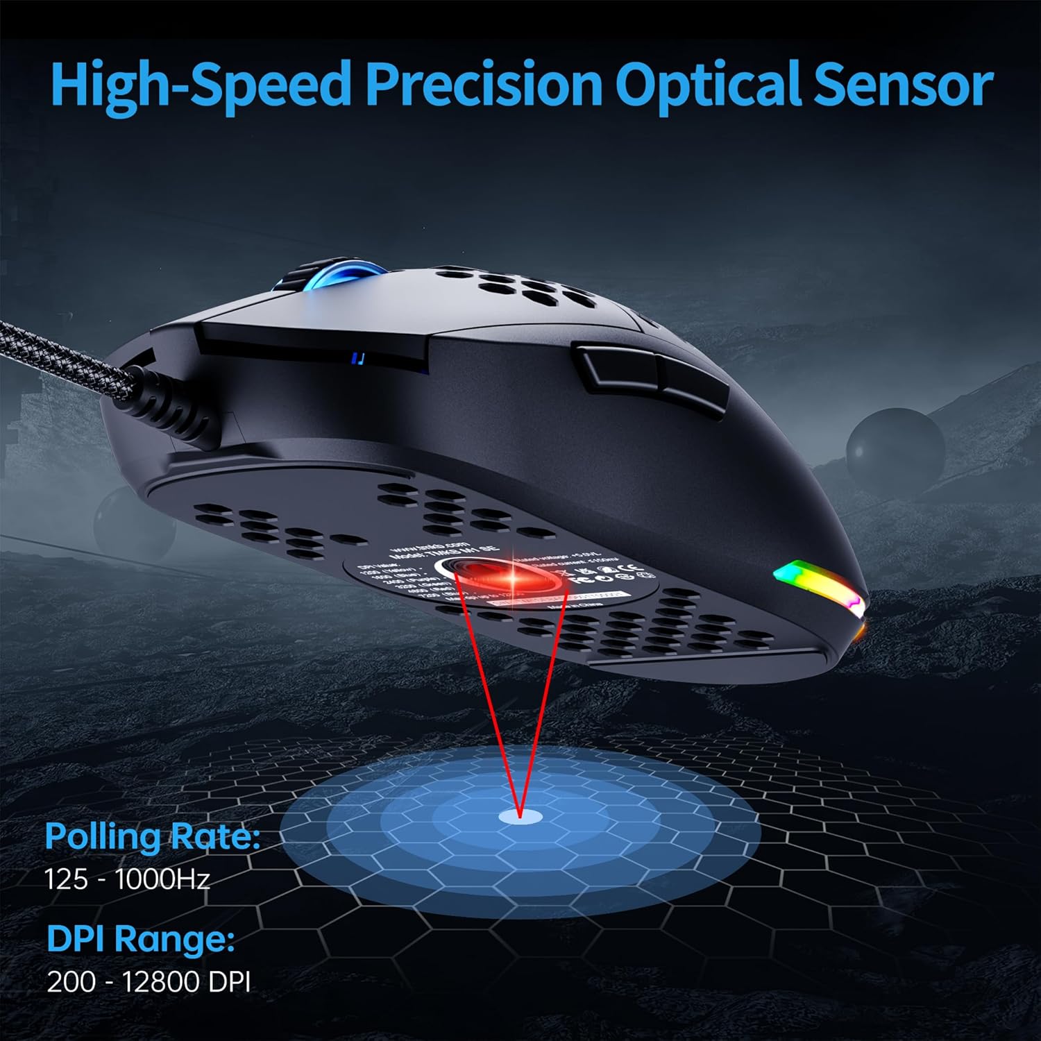 TMKB Falcon M1SE Ultralight Honeycomb Gaming Mouse, High-Precision 12800DPI Optical Sensor, 6 Programmable Buttons, Customizable RGB, Drag-Free Paracord, Ergonomic Wired Gaming Mouse - Matte Black