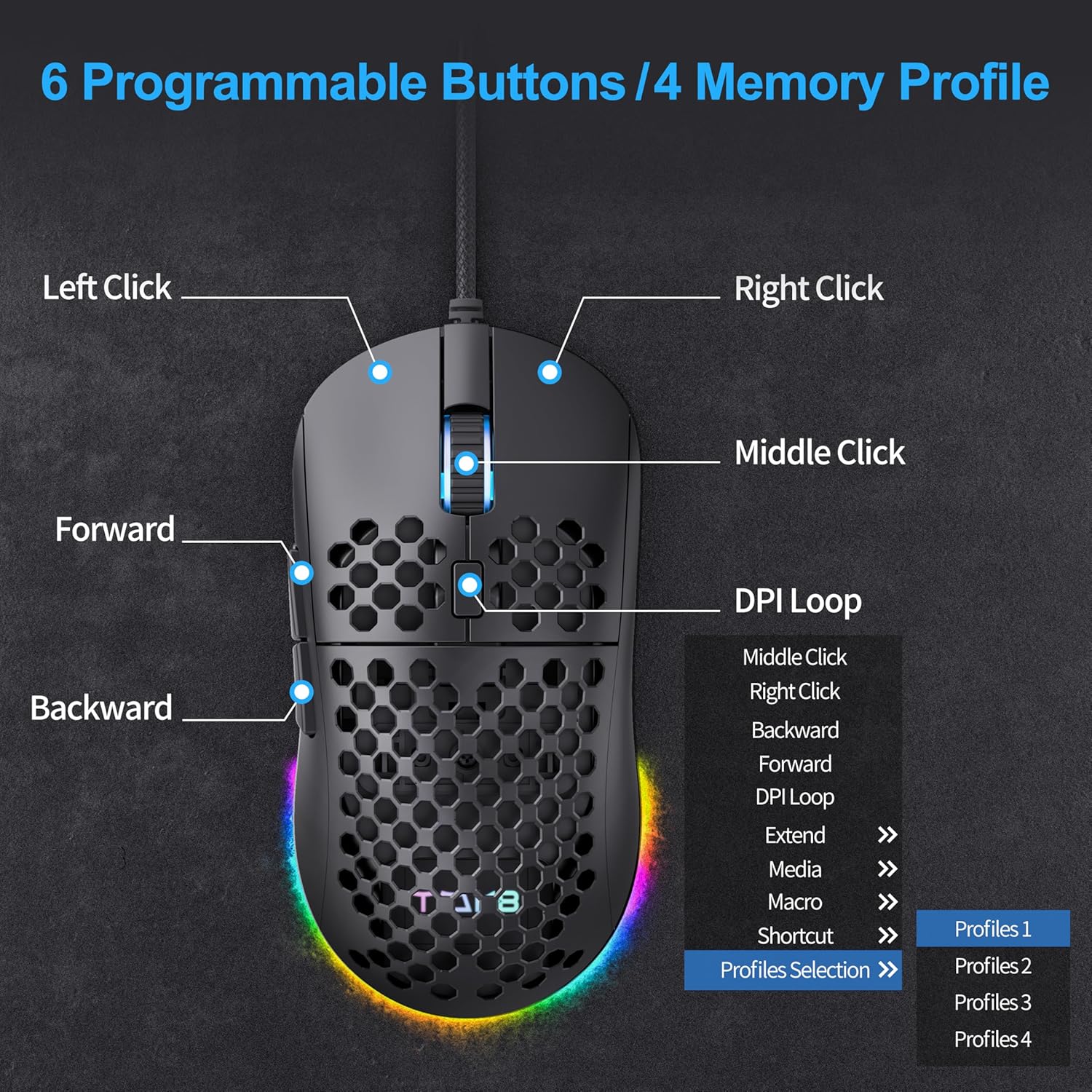 TMKB Falcon M1SE Ultralight Honeycomb Gaming Mouse, High-Precision 12800DPI Optical Sensor, 6 Programmable Buttons, Customizable RGB, Drag-Free Paracord, Ergonomic Wired Gaming Mouse - Matte Black