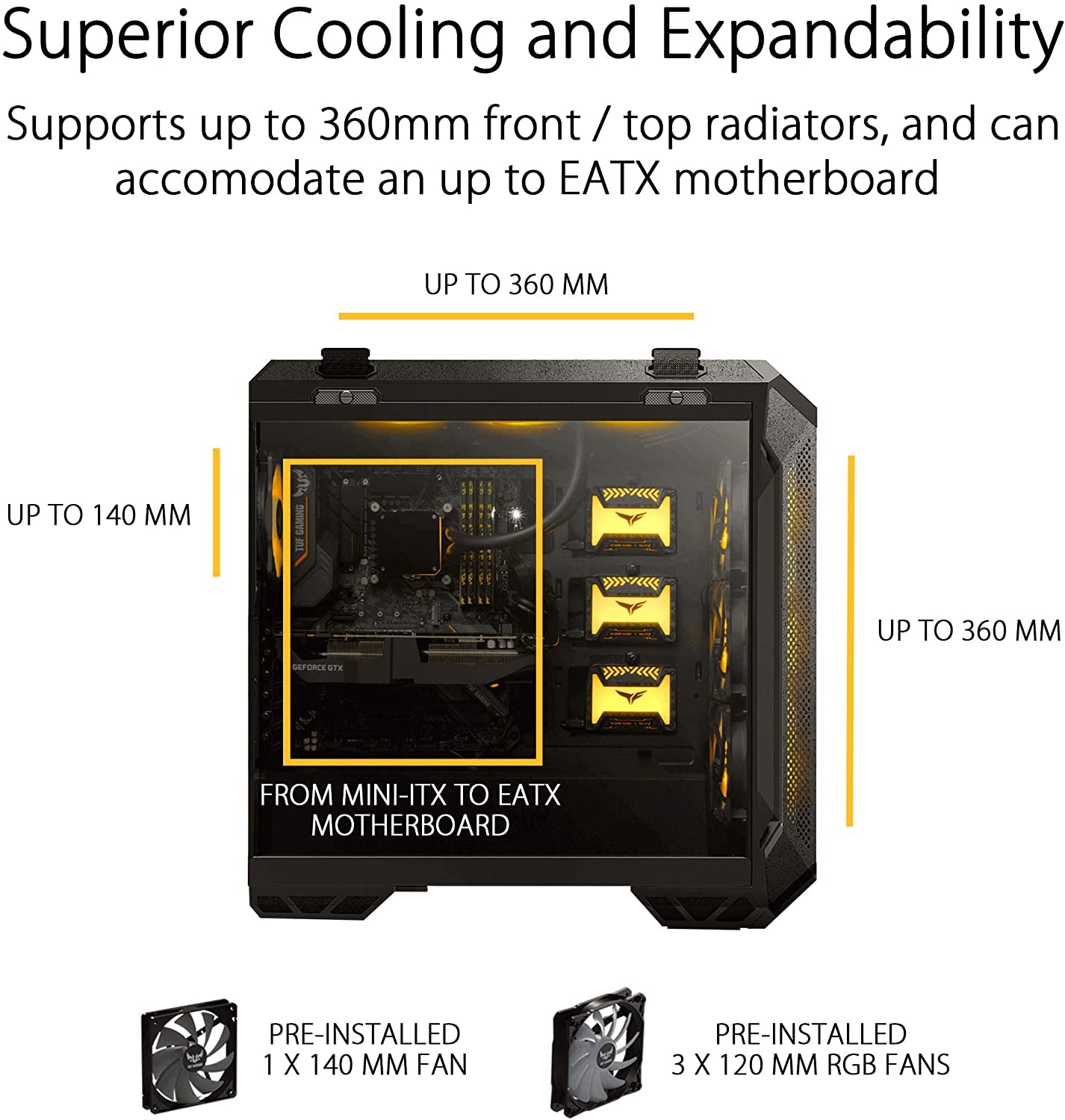 ASUS TUF Gaming GT501 Mid-Tower Case - EATX Compatible, USB 3.0, Smoked Tempered Glass & Robust Steel with Four Cooling Fans